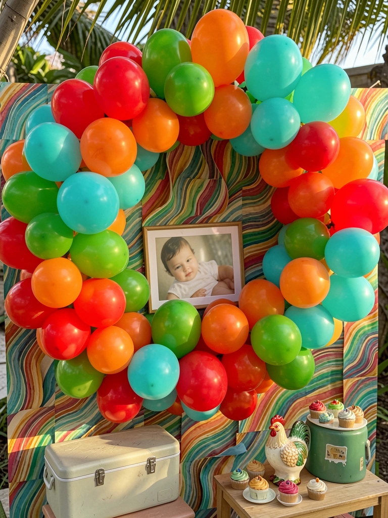 Arco circular de balões vermelhos, laranjas, verdes e turquesa sobre fundo de papel listrado, com moldura de bebê e mesa com cooler e cupcakes.