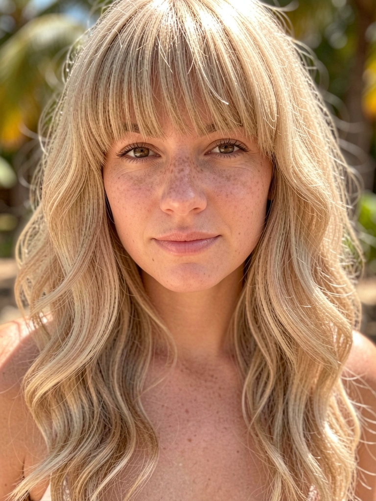 Mulher de cabelo loiro ondulado com franja texturizada, pele clara com sardas e alça fina, luz natural difusa e fundo desfocado.