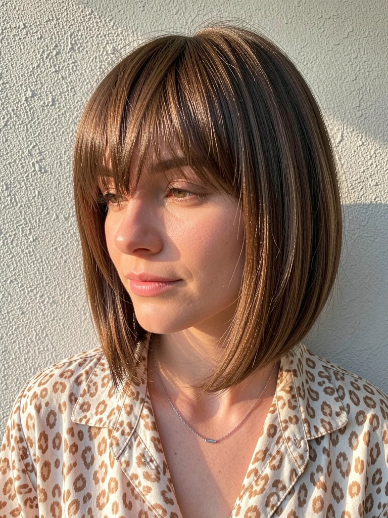 Mulher com cabelo castanho em bob moderno com franja em V, blusa de oncinha, colar de prata, parede cinza clara texturizada, luz natural suave.
