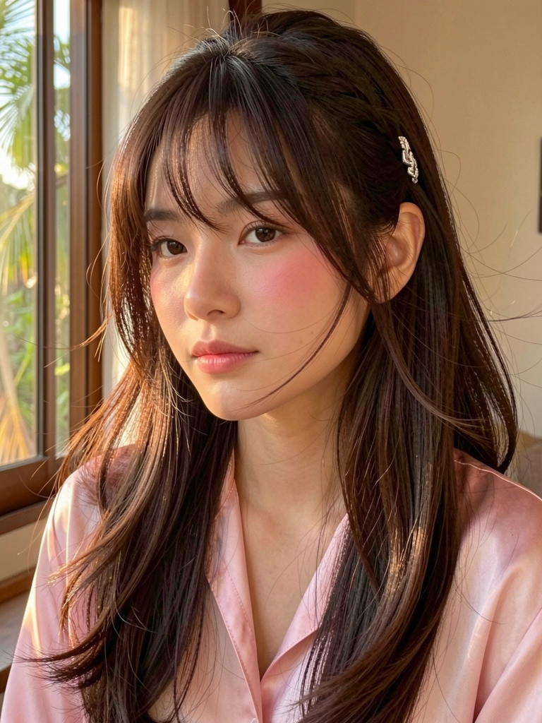 Jovem com cabelo castanho escuro volumoso e franja, blusa de seda rosa clara, acessório de prata no cabelo, luz quente e difusa, fundo desfocado com luz solar filtrada.
