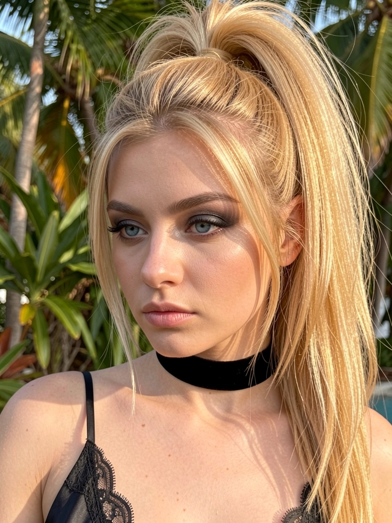 Jovem de cabelo loiro em rabo de cavalo alto e volumoso, olhos azuis, maquiagem suave, colar de veludo preto e camisola de seda preta com renda, luz natural difusa.