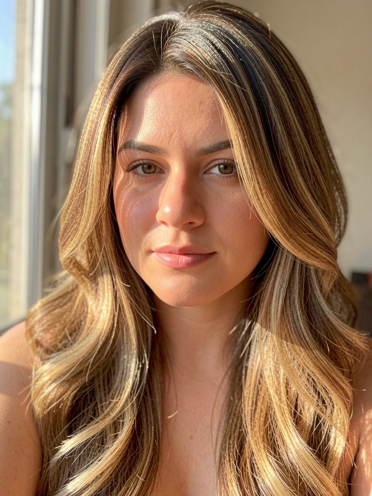 Close-up de mulher de rosto redondo com cabelo longo ondulado em castanho dourado e loiro, camadas emoldurando o rosto, luz natural suave de janela.