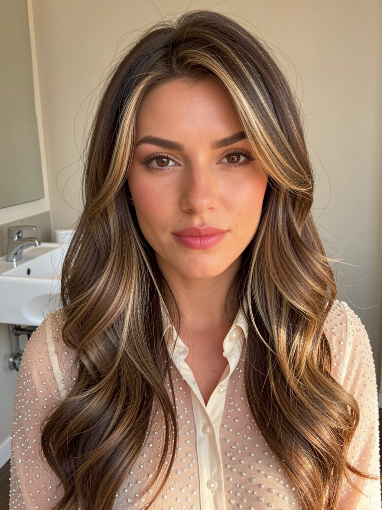 Mulher de cabelos castanhos ondulados com mechas e blusa brilhante com pérolas, lavatório branco e luz natural suave ao fundo.