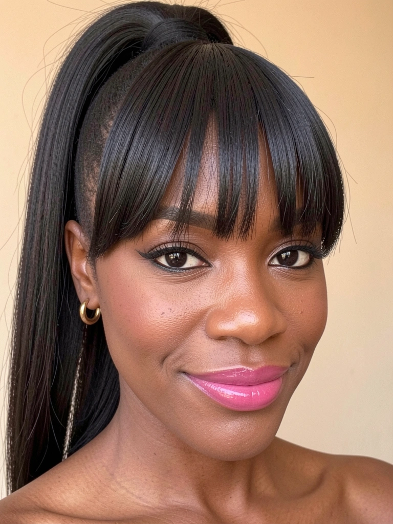 Close-up de mulher negra com rabo de cavalo alto, franja grossa, batom rosa glossy e brincos de argola dourados, fundo bege claro.