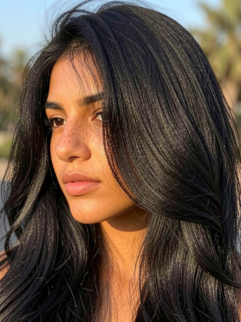 Mulher jovem de cabelos pretos ondulados em cascata diagonal, pele morena com sardas sutis, luz natural suave e fundo levemente desfocado.