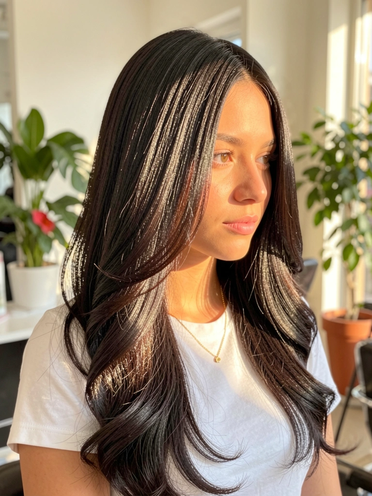 Mulher de cabelos longos e ondulados em camadas, camiseta branca e colar dourado, salão com plantas e luz natural.