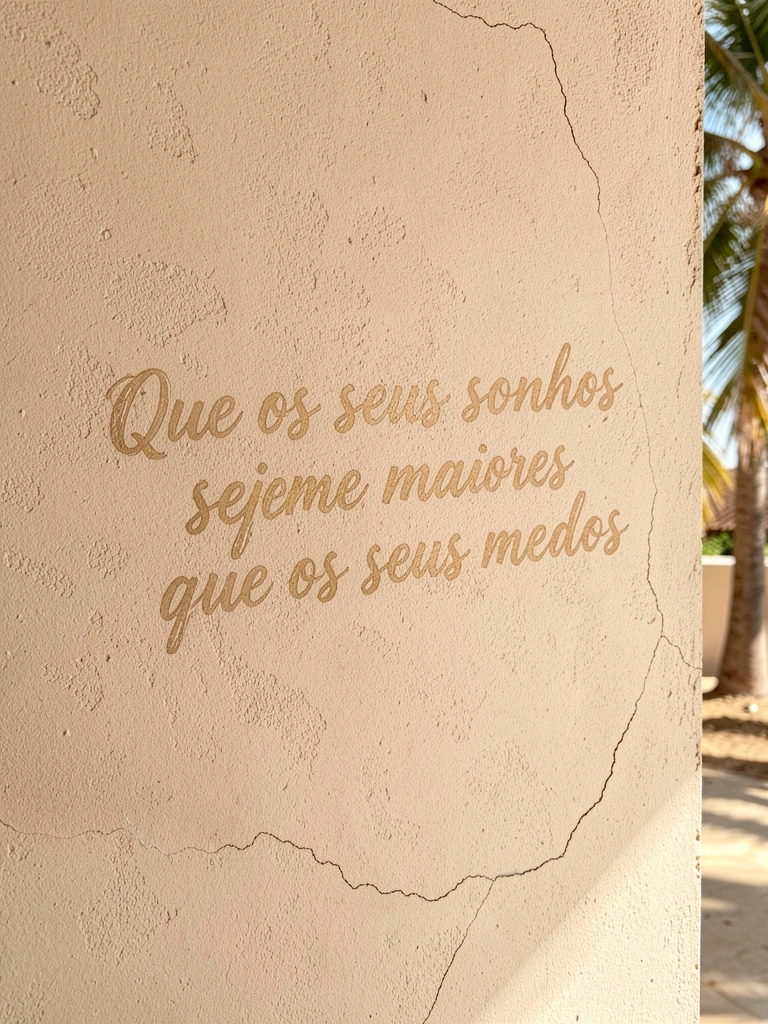 Parede bege texturizada com frase em letra cursiva 