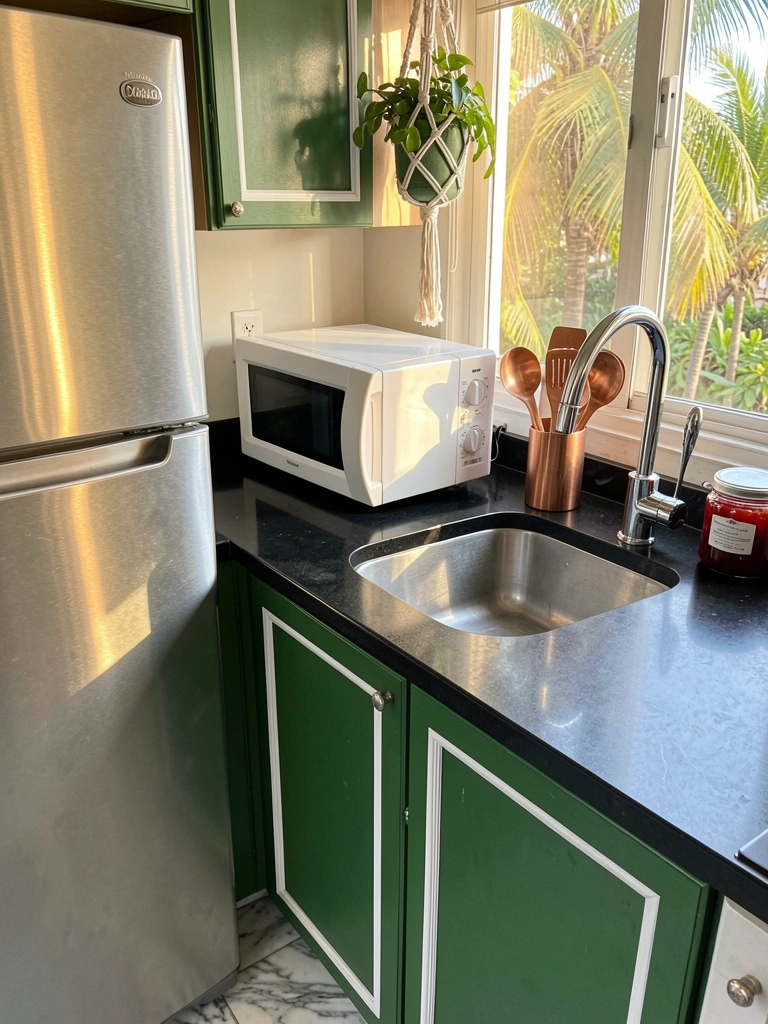 Bancada preta de cozinha com geladeira inox, micro-ondas branco e torneira cromada com utensílios de cobre, armário verde e piso de mármore, luz natural.