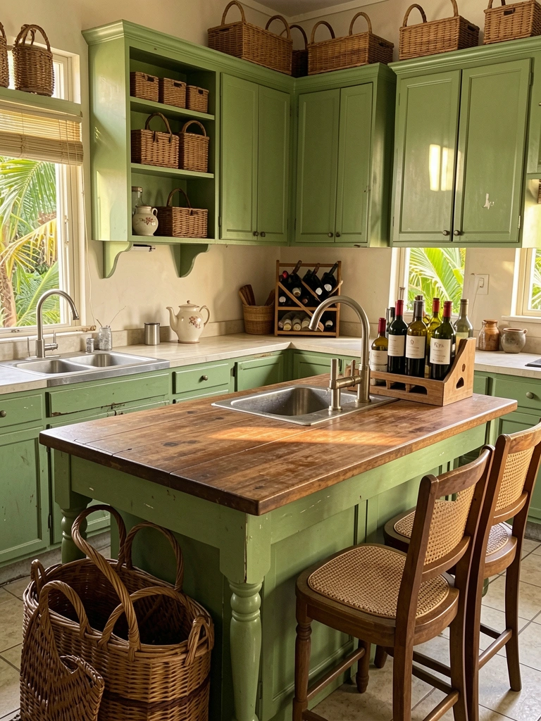 Armários verdes, bancada de madeira e pia de inox em cozinha com cestos de vime e garrafas de vinho, luz natural.