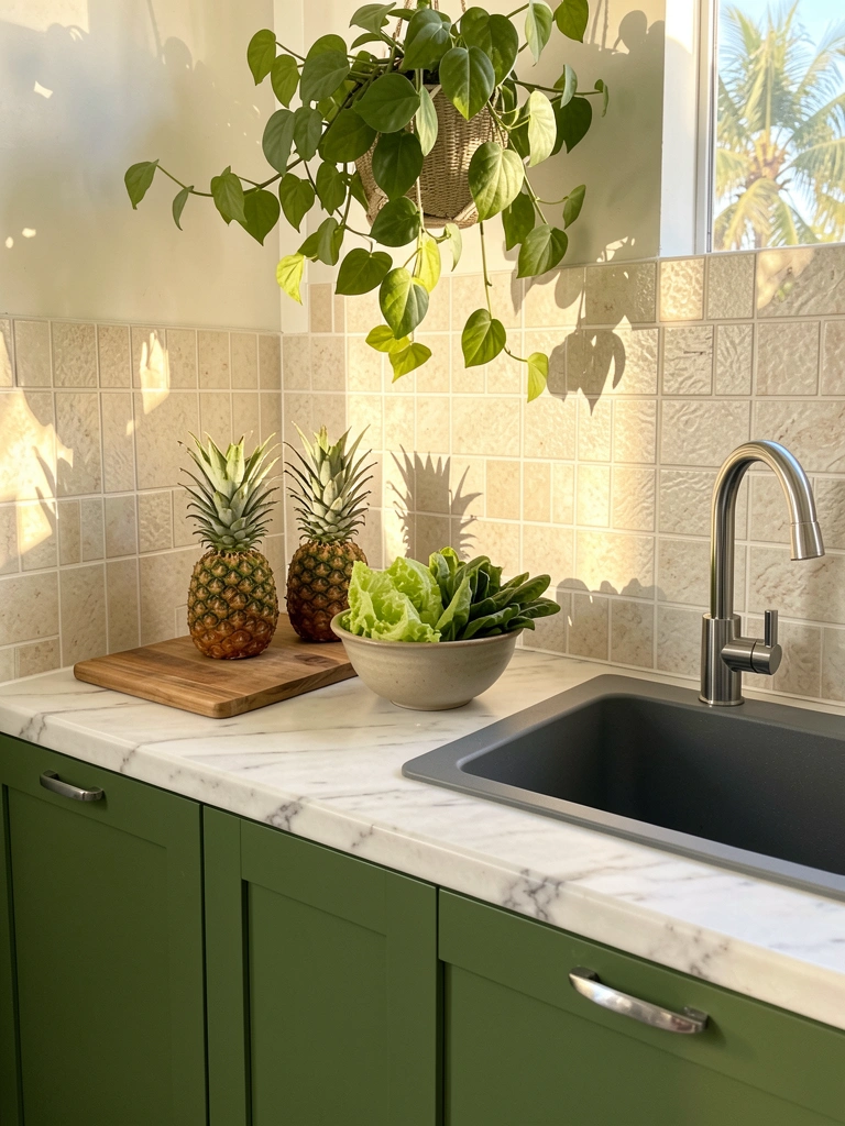 Bancada de mármore branco com armário verde-oliva, abacaxi, tigela de alface, tábua de madeira, coifa de azulejos claros, planta pendente e luz natural.