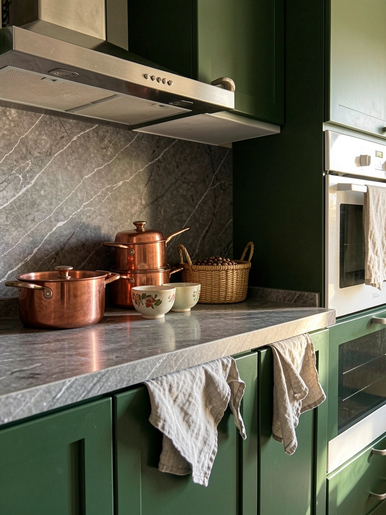 Armários verde-escuros, bancada de mármore cinza, exaustor de aço inoxidável e panelas de cobre empilhadas sob luz natural, com guardanapos de linho ao fundo.