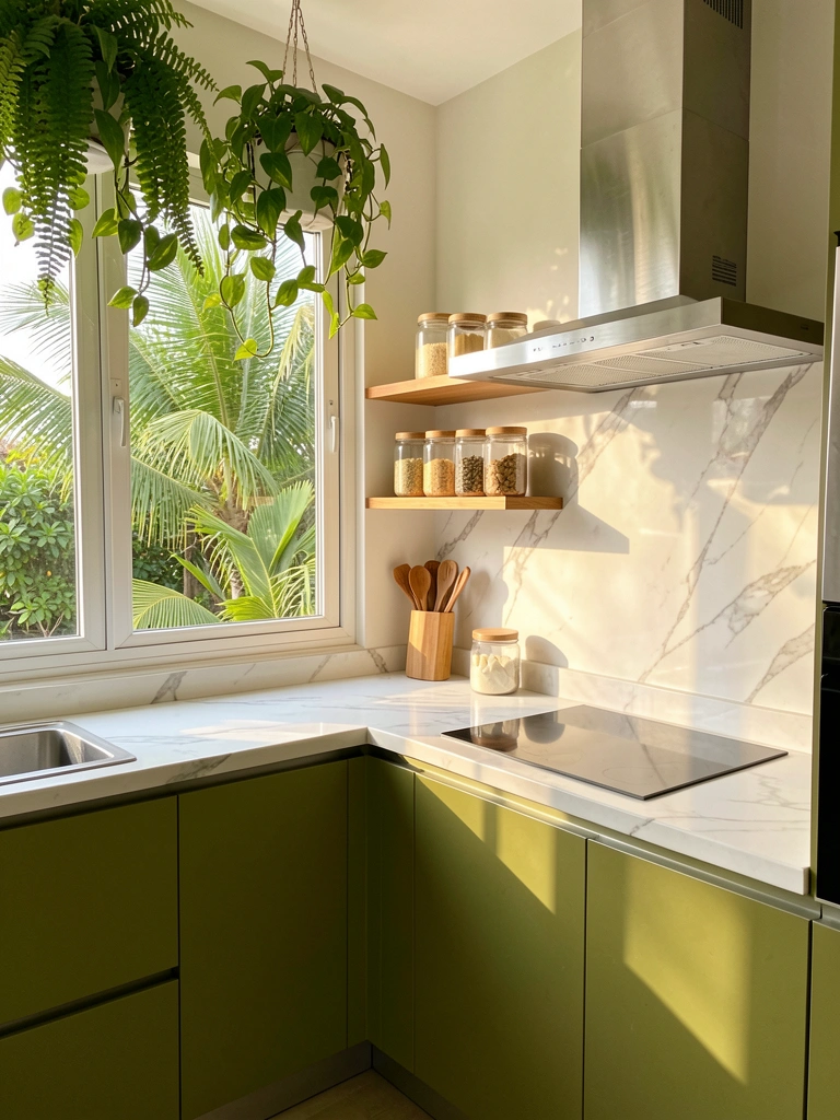 Armários verde-oliva, bancada de mármore branco e coifa de aço inoxidável em cozinha compacta com plantas pendentes e prateleira de madeira.