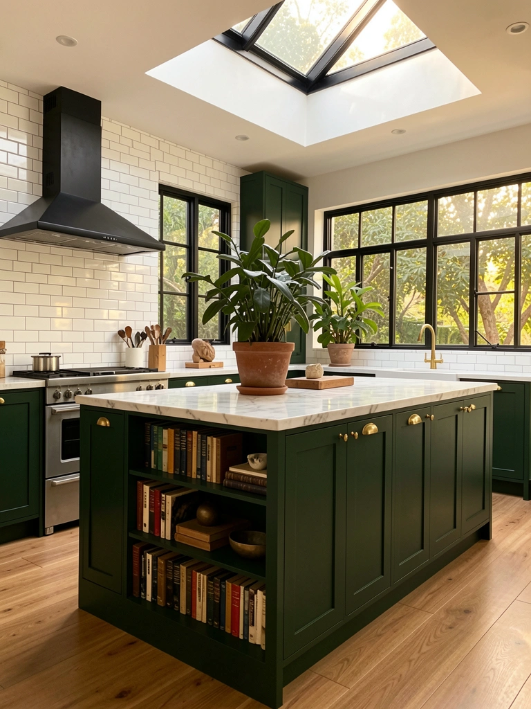 Ilha de cozinha verde-escura com tampo de mármore branco, estante embutida com livros e objetos, coifa preta e planta grande sob luz natural de claraboia.