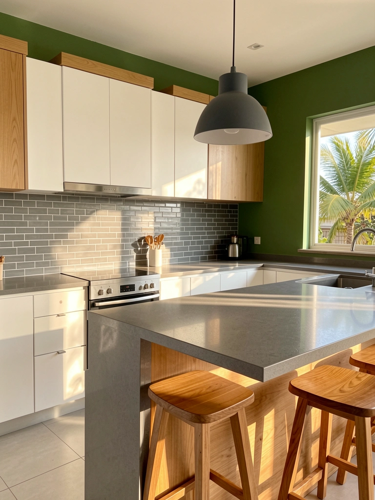 Luz natural incide sobre bancada de granito cinza, armários de madeira clara e backsplash de azulejos retangulares cinza, com pendente escuro e banquetas de madeira.