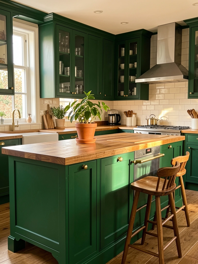 Ilha de cozinha verde-esmeralda com tampo de madeira e ferragens douradas, armários verdes escuros, exaustor de aço inoxidável e planta no balcão sob luz natural.