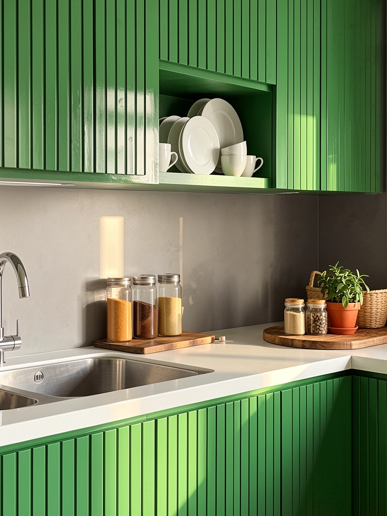 Armários verdes com ripas verticais, bancada branca com tábua de cortar, potes de especiarias e vaso de planta, iluminação natural.