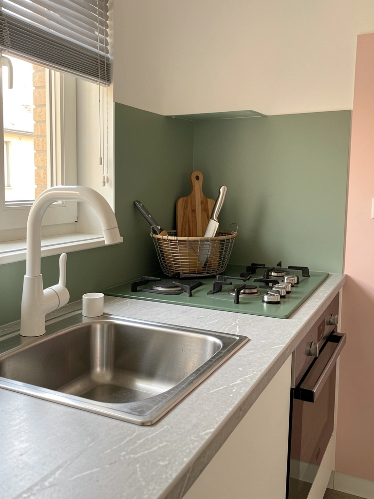 Luz natural incide sobre bancada cinza-clara com pia inox, cooktop verde e cesto de metal trançado com tábua de madeira e faca.