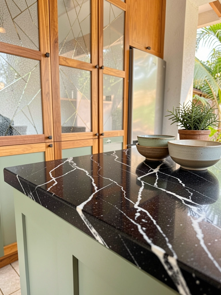 Quartz black stone countertop with white veining, sage green cabinets with glass geometric doors, stainless steel refrigerator, ceramic bowls and potted plant, warm daylight.