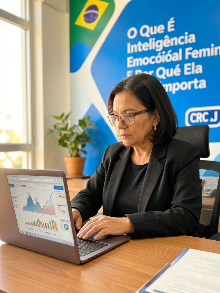 Mulher madura de óculos e blazer preto sentada em mesa com laptop, gráfico na tela e fundo azul com texto sobre inteligência emocional, luz natural suave.