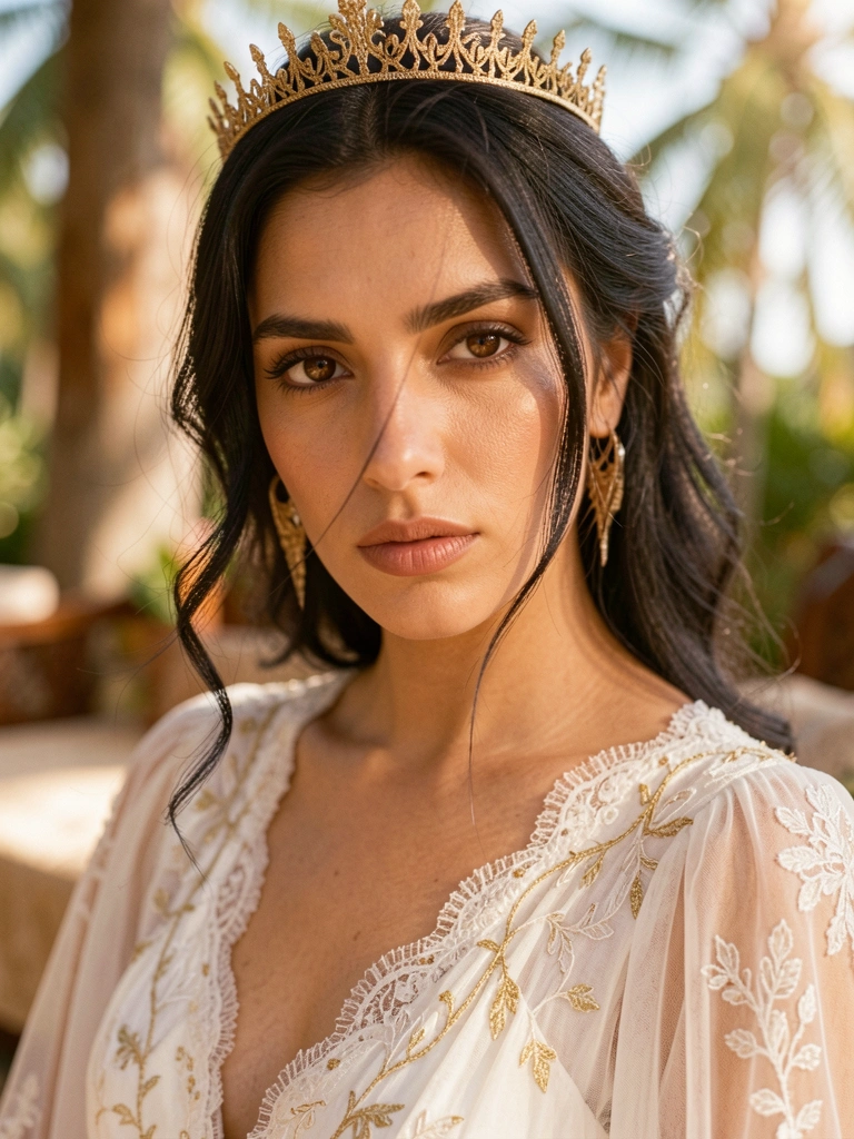 Retrato de mulher com olhos castanhos e vestido branco de renda, coroa dourada na cabeça, luz suave e fundo desfocado.
