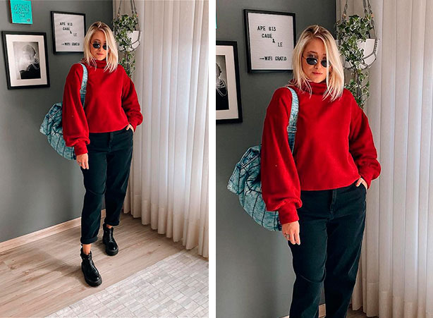 camisa vermelha com calça preta