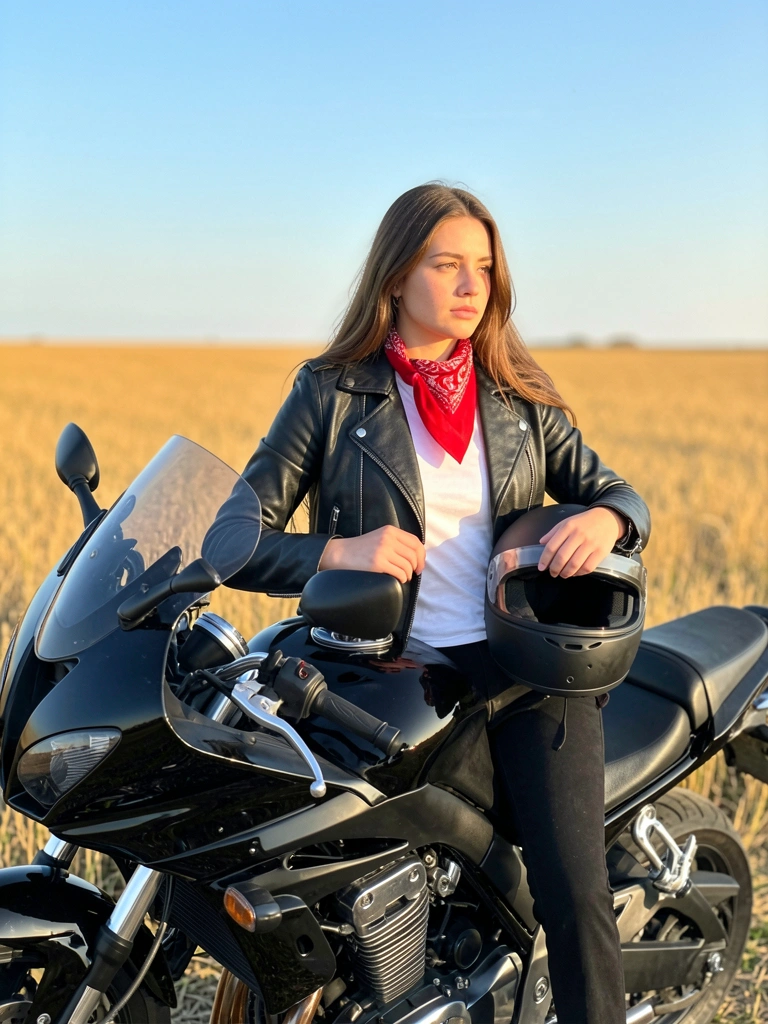 Mulher de jaqueta de couro preta e bandana vermelha encostada em moto preta com detalhes cromados, campo dourado e céu azul claro.