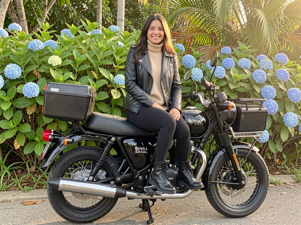 Mulher de jaqueta de couro preta sentada em moto Royal Enfield, com moitas verdes e hortênsias azuis ao fundo, luz natural quente.