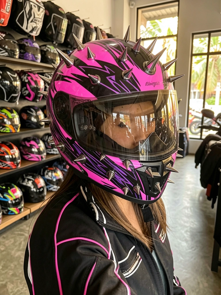 Capacete rosa e preto com spikes e grafismos, jaqueta preta com detalhes rosa, luz natural entrando por vitrine de loja de equipamentos de moto.