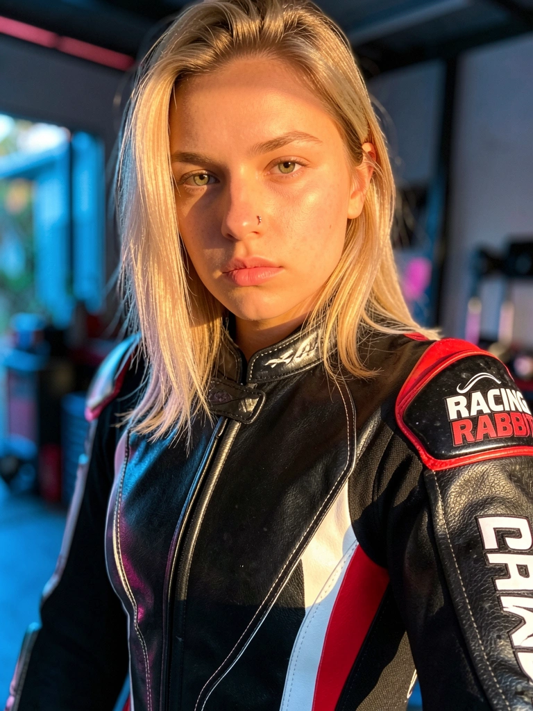 Jovem com macacão preto de corrida com detalhes brancos e vermelhos, textura acetinada e costuras reflexivas, luz natural com tons azuis e rosa ao fundo.