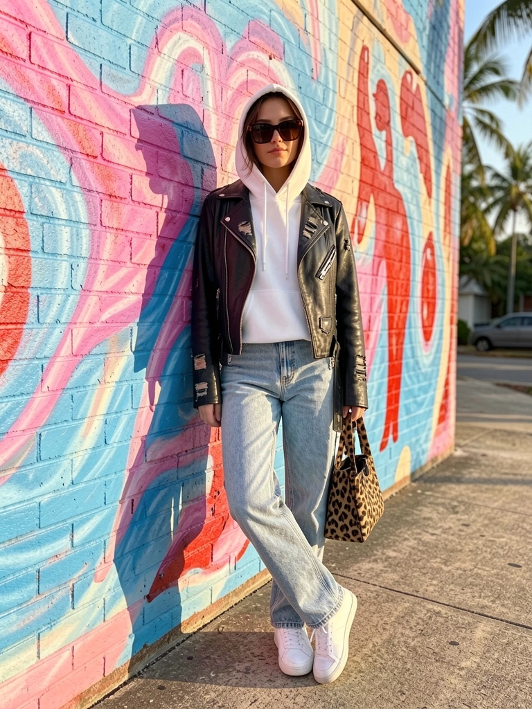 Mulher em jaqueta de couro preta e jeans azul claro encostada em parede de graffiti com tons rosa e azul, luz natural intensa.