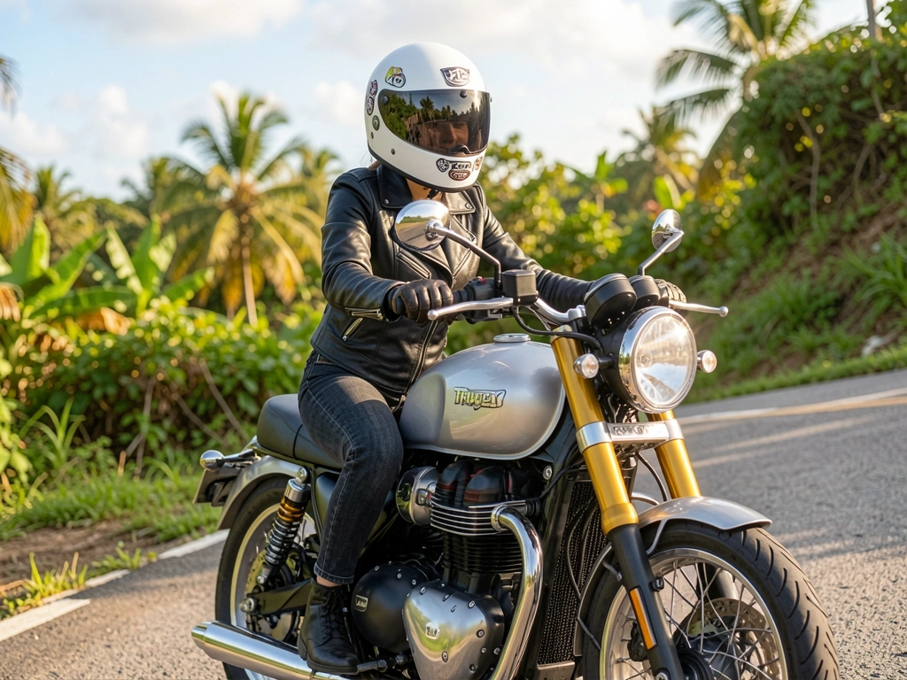 Mulher com capacete branco e jaqueta de couro preta sobre moto Triumph prata com suspensão dourada, estacionada em estrada inclinada sob luz natural, vegetação tropical ao fundo.