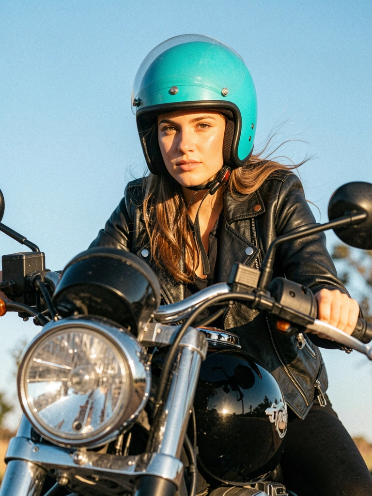 Jovem de capacete verde-água e jaqueta de couro preta sentada em moto preta com farol cromado contra céu azul claro.