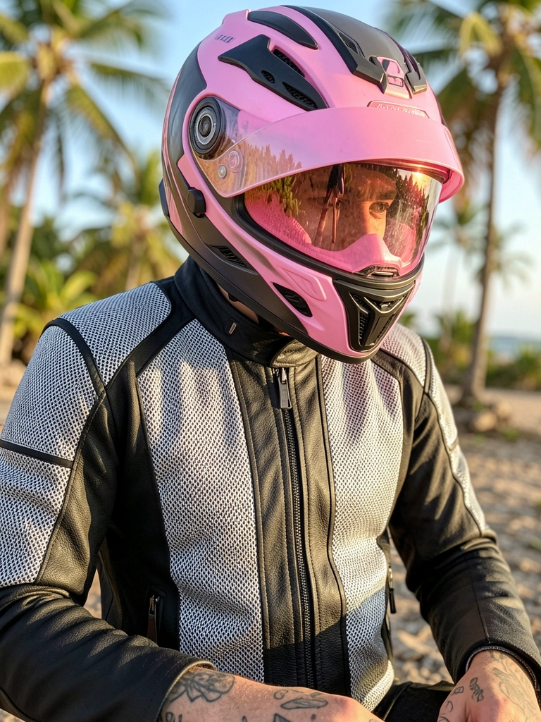 Jaqueta de couro preta com mesh prateado e capacete rosa com viseira, detalhes em close sob luz natural.