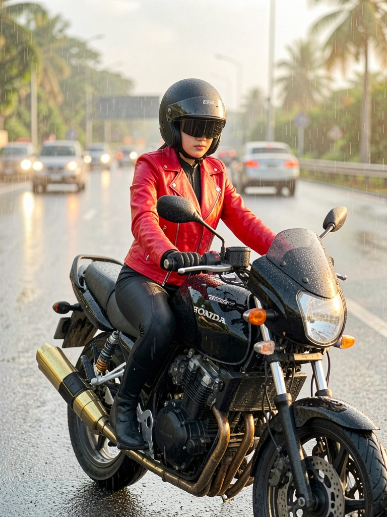 Mulher de jaqueta vermelha e capacete preto sentada em moto Honda preta molhada em rodovia, chuva e faróis desfocados ao fundo.