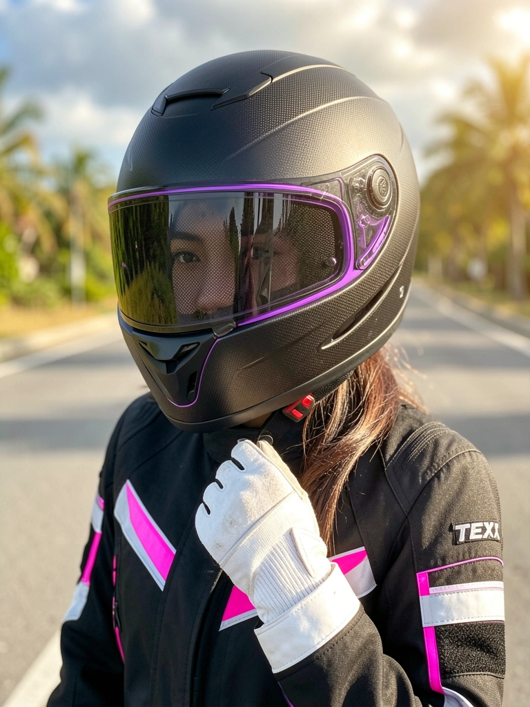 Detalhe de casaco de couro preto com listras refletivas rosa e brancas e luva têxtil branca, capacete preto texturizado com viseira escura e detalhes roxos, luz natural quente e asfalto desfocado ao fundo.
