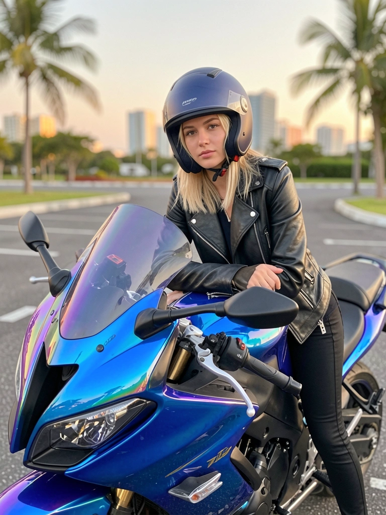 Moça de jaqueta de couro preta e capacete azul escuro encostada em moto azul iridescente, estacionamento ao entardecer com prédios desfocados ao fundo.