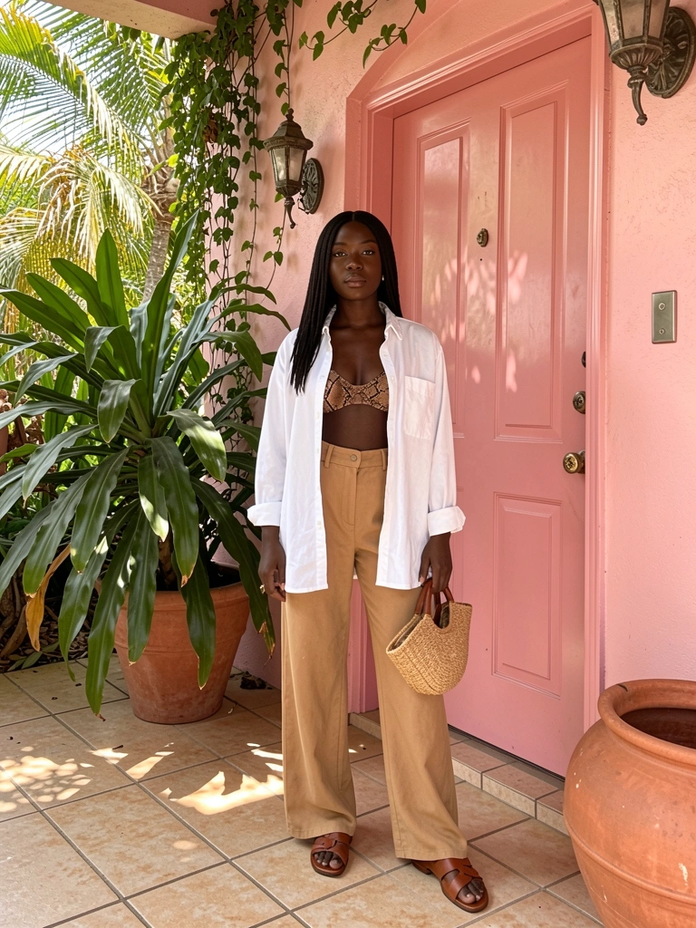 Mulher negra de camisa branca e calça bege em pé diante de porta rosa com plantas verdes e vaso de terracota, luz natural filtrada.
