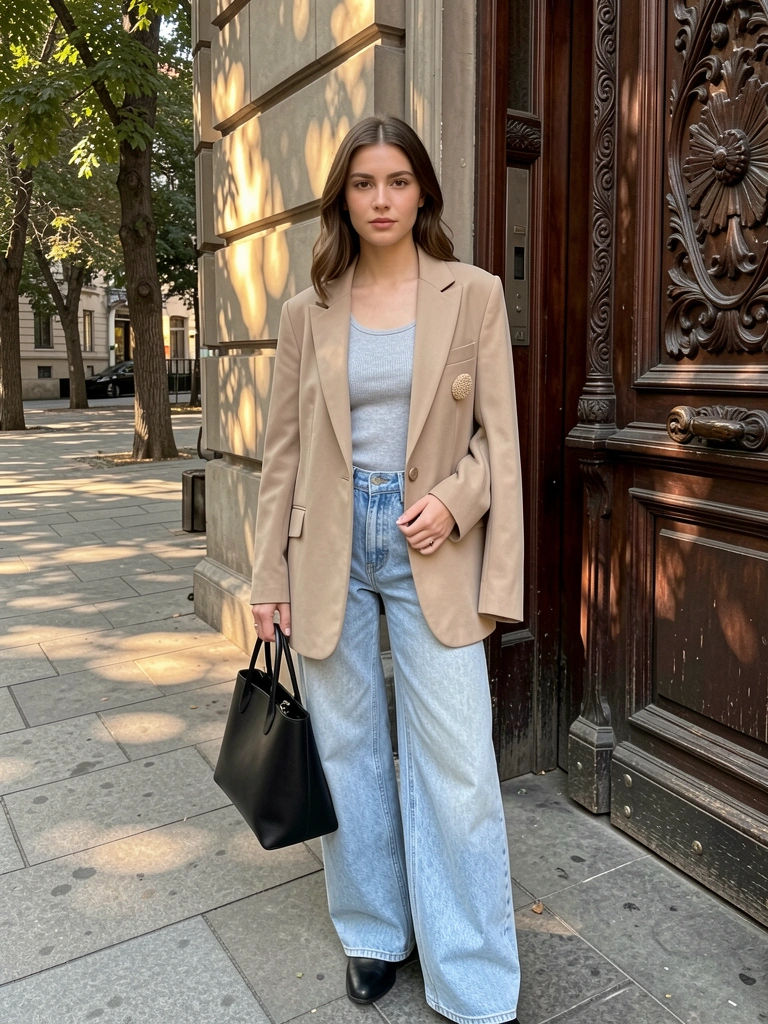 Mulher de blazer bege e calça jeans clara segurando bolsa preta em calçada de pedra, porta de madeira esculpida ao lado, luz solar filtrada por árvores.