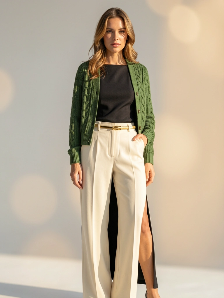 Mulher em tailleur creme com cardigã verde e vestido preto, cinto dourado, fundo desfocado com bokeh, luz natural quente.