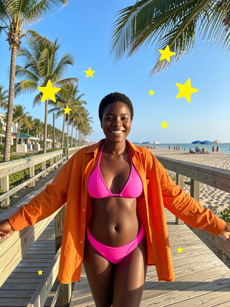 Mulher negra de cabelo natural, camisa laranja aberta sobre biquíni rosa, braços abertos em passarela de madeira, palmeiras e estrelas amarelas, mar azul ao fundo.