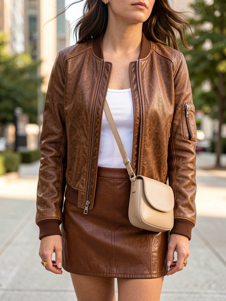 Jaqueta de couro marrom texturizada sobre camiseta branca, saia de couro marrom com padrão sutil e bolsa bege, fundo urbano desfocado com luz natural.