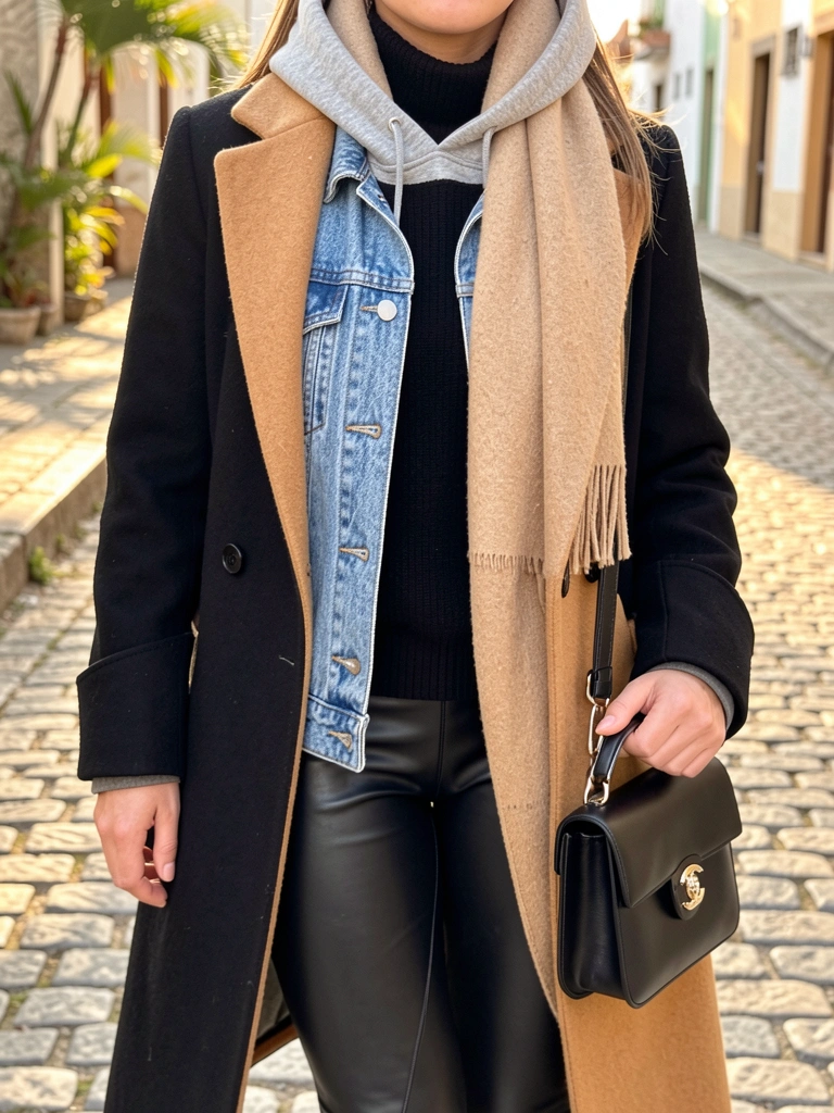 Macro de roupas de inverno em camadas: couro preto, lã bege, jeans azul e malha cinza, com bolsa Chanel preta, em rua de paralelepípedos sob luz natural amena.