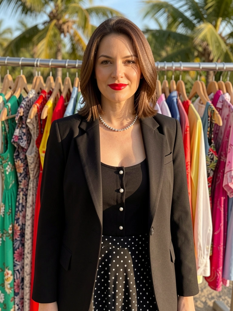 Mulher de blazer preto e saia poá se destaca contra cabideiro com vestidos coloridos, luz natural e fundo desfocado.