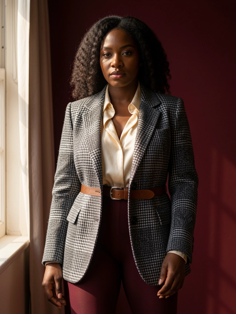 Mulher negra de blazer xadrez houndstooth cinza escuro e branco com cinto de couro marrom, camisa de seda creme, meia-calça vinho, fundo bordô e luz natural difusa.