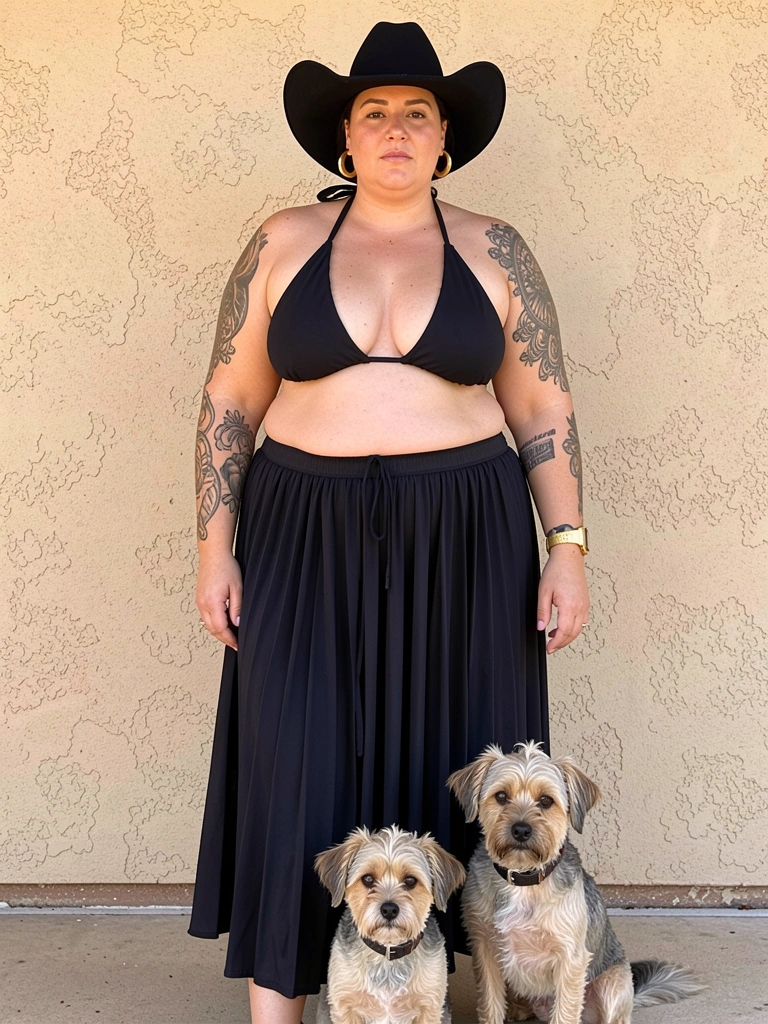 Mulher plus-size com chapéu cowboy preto, brincos de argola e tatuagens nos braços usando biquíni preto e saia plissada; cão pequeno sentado aos pés; parede bege texturizada e luz natural.