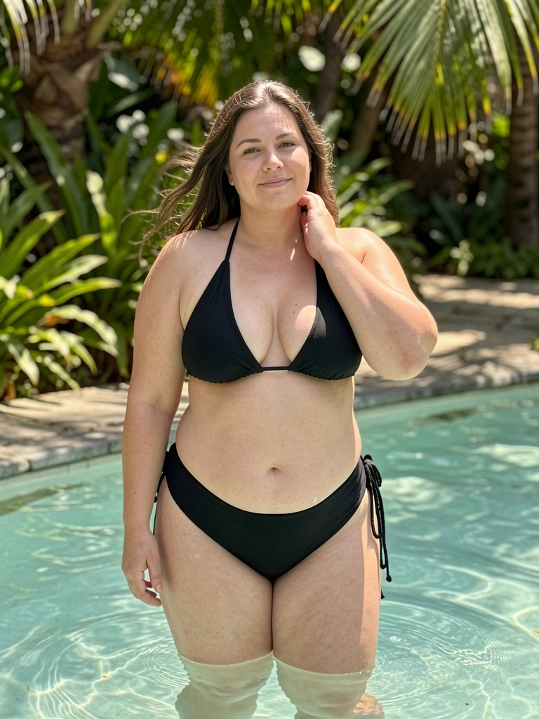 Mulher plus-size de biquíni preto em pé em água turquesa rasa, mão no pescoço, sorriso suave, folhagem verde ao fundo, luz natural quente e desfoque.