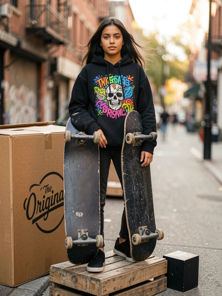 Jovem de hoodie preto com estampa de caveiras ao lado de skate preto vintage sobre caixote de madeira, fundo de rua urbana desfocado com luz natural.