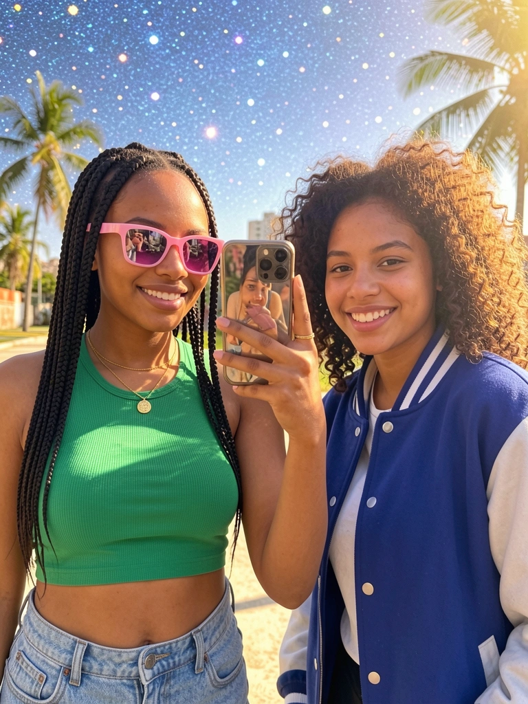 Jovem de tranças com blusa verde e shorts jeans segurando iPhone, reflexo da tela; amiga de jaqueta azul sorri ao fundo com céu estrelado e bokeh.