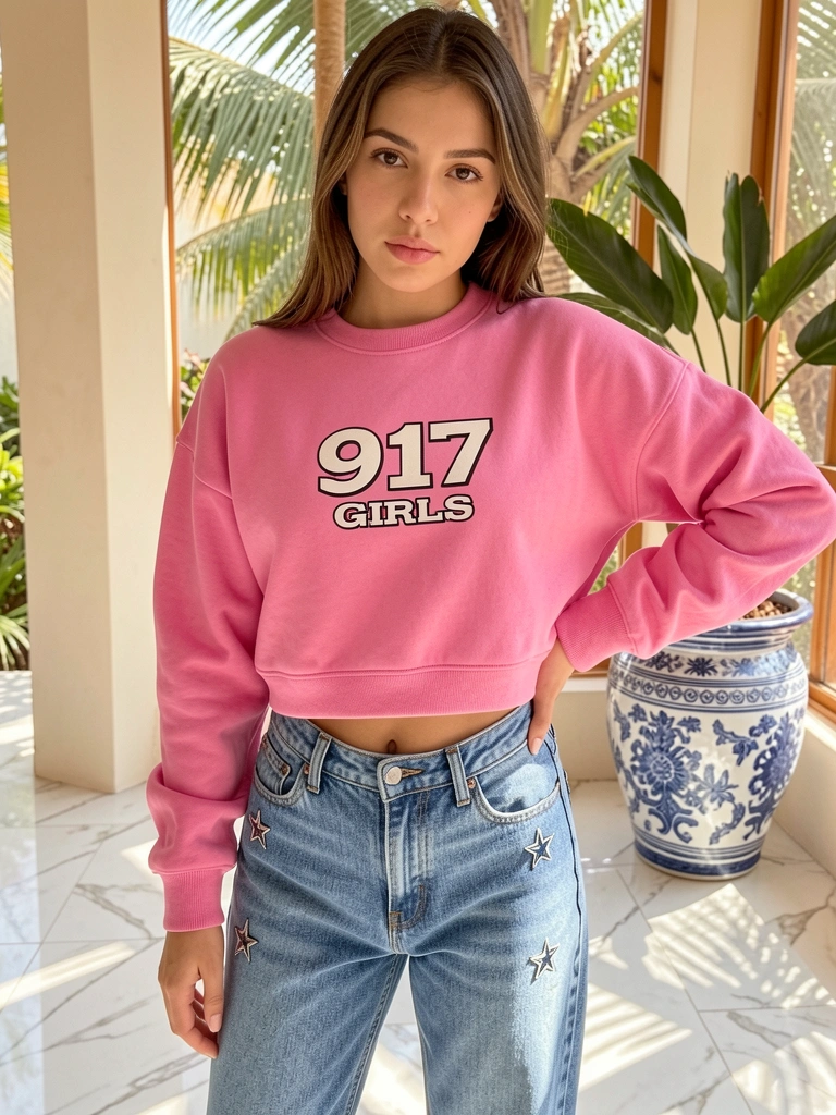 Mulher de moletom rosa com estampa 