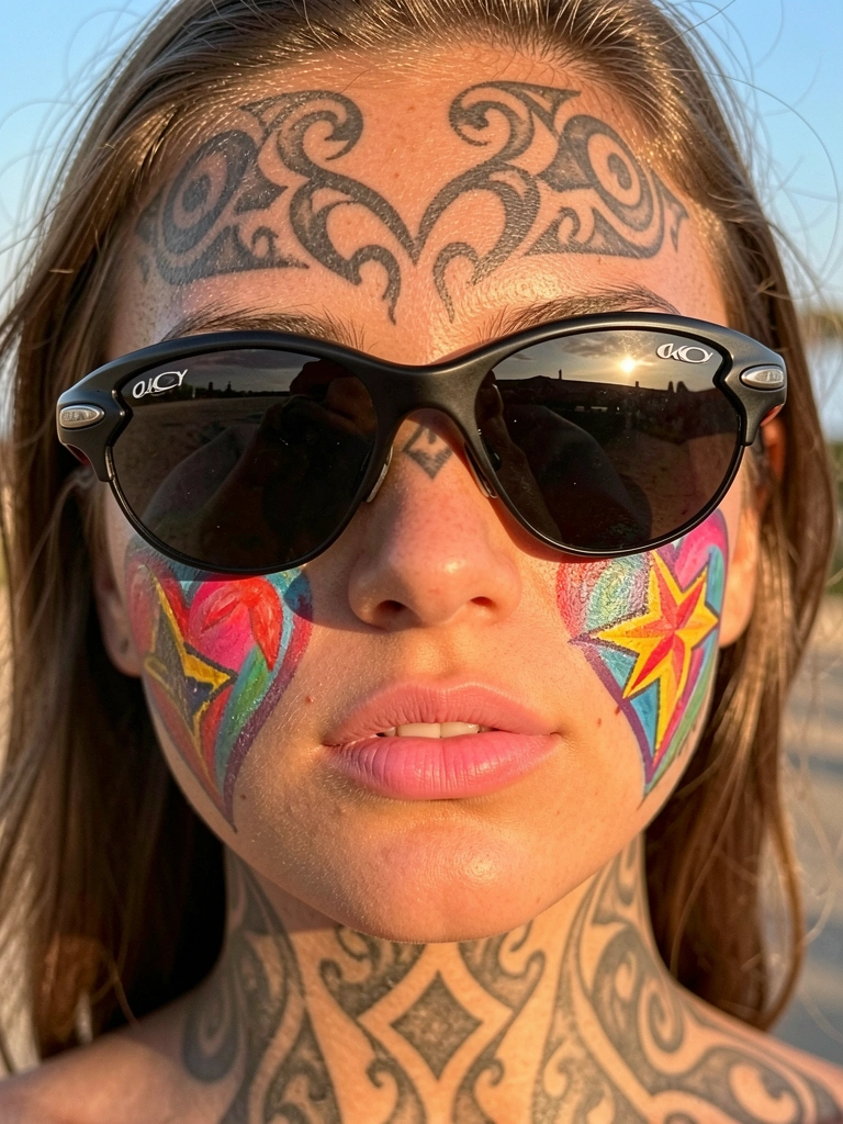 Close-up de jovem com óculos escuros Oakley Juliet, tatuagens tribais no rosto e pescoço, e desenhos coloridos de coração e estrela nas bochechas, lábios entreabertos, luz natural quente com fundo desfocado.